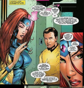 Jean Grey shots down Kirk's advances and gets straight to the point.