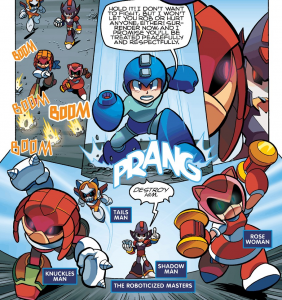 Mega Man engages four of the Roboticized Masters.